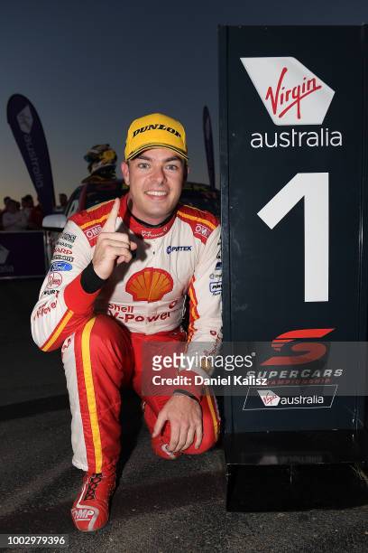 Scott McLaughlin driver of the Shell V-Power Racing Team Ford Falcon FGX celebrates after winning race 19 during Supercars Ipswich SuperSprint on...