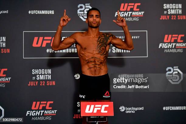 Danny Roberts of England poses on the scale during the UFC Fight Night Weigh-in event at the Radisson Blu Hotel on July 21, 2018 in Hamburg, Germany.