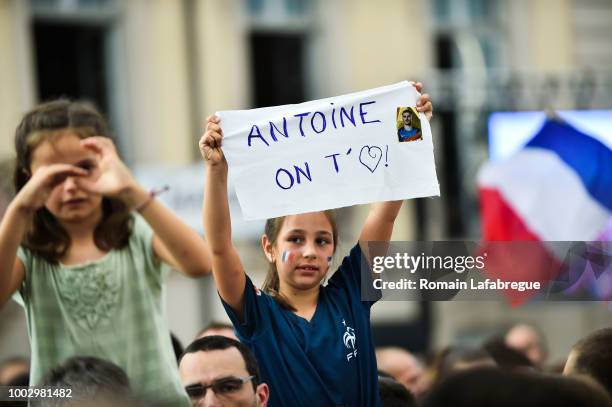 Fans for Antoine Griezmann celebrates France victory in World Cup in his hometown on July 20, 2018 in Macon, France.