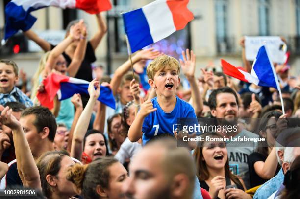 Fans for Antoine Griezmann celebrates France victory in World Cup in his hometown on July 20, 2018 in Macon, France.
