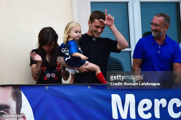 Maud Griezmann , sister of Antoine, Antoine Griezmann and Alain Griezmann father of Antoine celebrates France victory in World Cup in his hometown on...