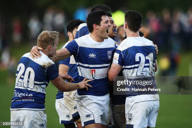 University RFC celebrate after winning the match between University RFC and College Rifles on July 21, 2018 in Auckland, New Zealand.