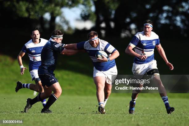 Daniel Brocx of University makes a break during the match between University RFC and College Rifles on July 21, 2018 in Auckland, New Zealand.