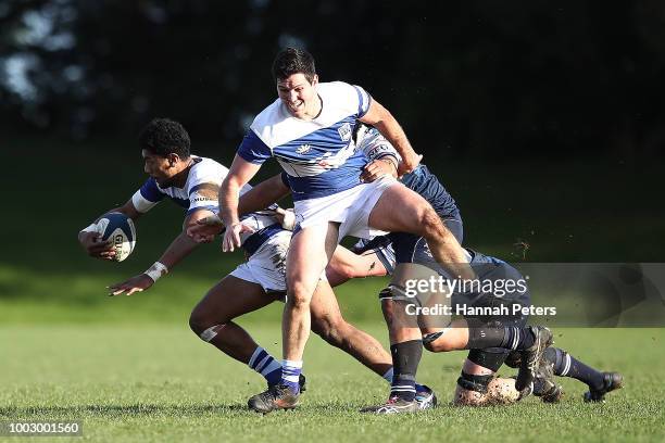 Matt Jones of University makes a break during the match between University RFC and College Rifles on July 21, 2018 in Auckland, New Zealand.