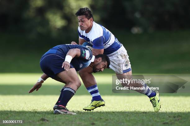 Tyrone Toia of University makes a break during the match between University RFC and College Rifles on July 21, 2018 in Auckland, New Zealand.