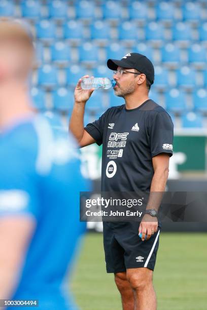 David Wagner the manager of Huddersfield Town during the Huddersfield Town pre-season training session at the PSD Bank Arena on July 20, 2018 in...