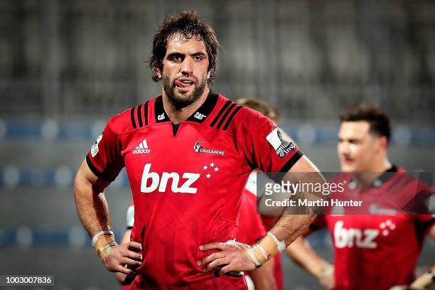 Sam Whitelock of the Crusaders looks on during the Super Rugby Qualifying Final match between the Crusaders and the Sharks at AMI Stadium on July 21,...