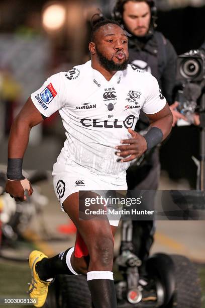 Tendai Mtawarira of the Sharks runs out before the Super Rugby Qualifying Final match between the Crusaders and the Sharks at AMI Stadium on July 21,...