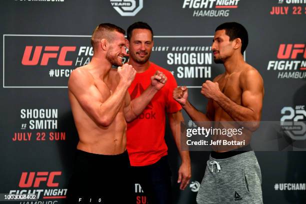 Opponents Davey Grant of England and Manny Bermudez face off during the UFC Fight Night Weigh-in event at the Radisson Blu Hotel on July 21, 2018 in...