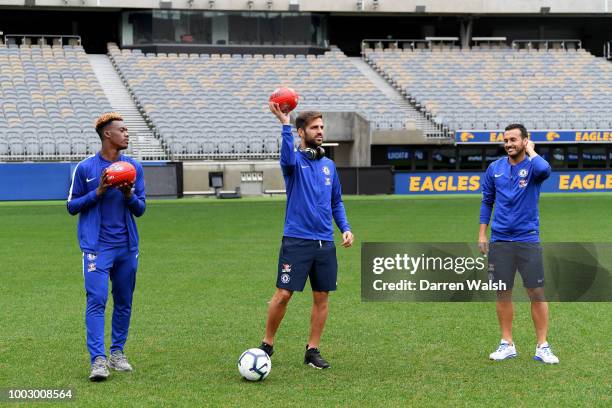 Cesc Fabregas, Pedro and Callum Hudson-Odoi of Chelsea as they meet AFL Legends Beau Waters and Troy Cook at the Optus Stadium on July 21, 2018 in...