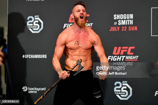 Emil Meek of Norway reacts before facing off against Bartosz Fabinski of Poland during the UFC Fight Night Weigh-in event at the Radisson Blu Hotel...