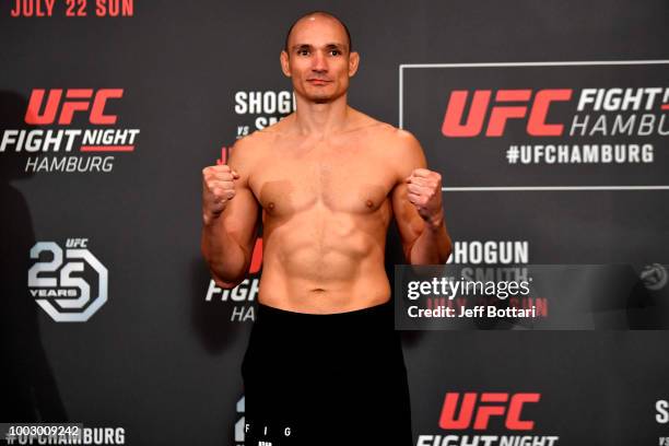 Vitor Miranda of Brazil poses for the media during the UFC Fight Night Weigh-in event at the Radisson Blu Hotel on July 21, 2018 in Hamburg, Germany.