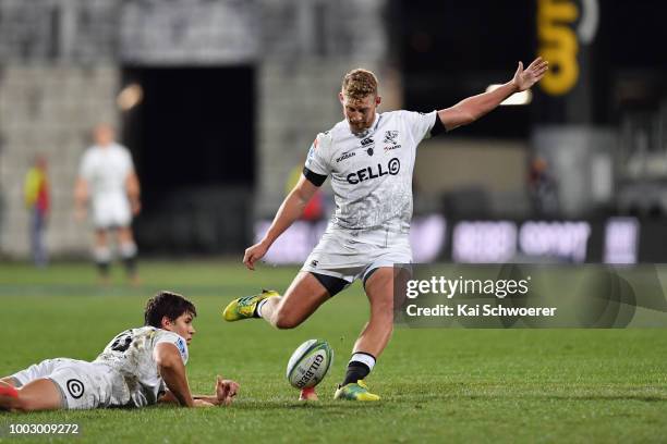 Kobus van Wyk of the Sharks holds the ball as Robert du Preez of the Sharks kicks a penalty kick during the Super Rugby Qualifying Final match...