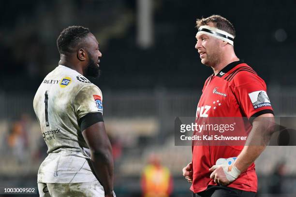 Tendai Mtawarira of the Sharks and Wyatt Crockett of the Crusaders look on following the Super Rugby Qualifying Final match between the Crusaders and...