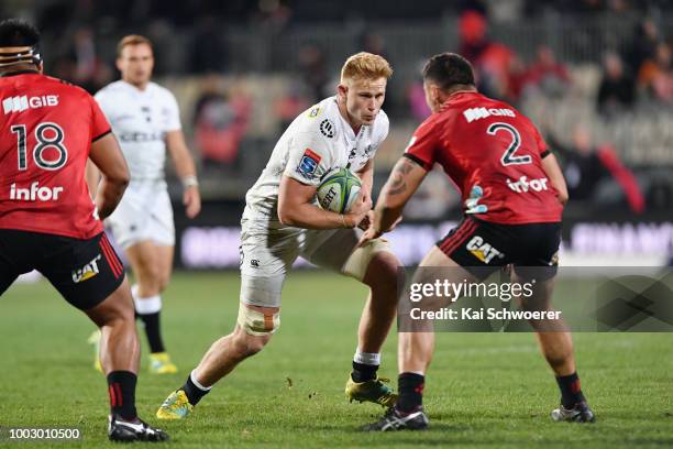Daniel du Preez of the Sharks charges forward during the Super Rugby Qualifying Final match between the Crusaders and the Sharks at AMI Stadium on...