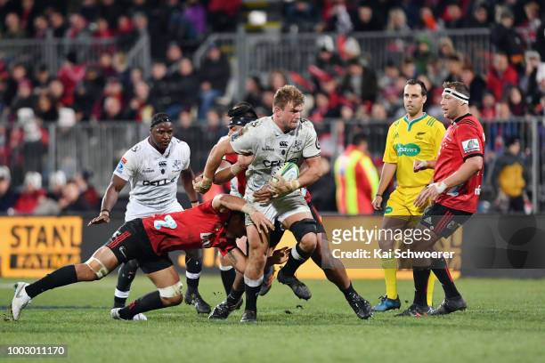 Tyler Paul of the Sharks is tackled during the Super Rugby Qualifying Final match between the Crusaders and the Sharks at AMI Stadium on July 21,...