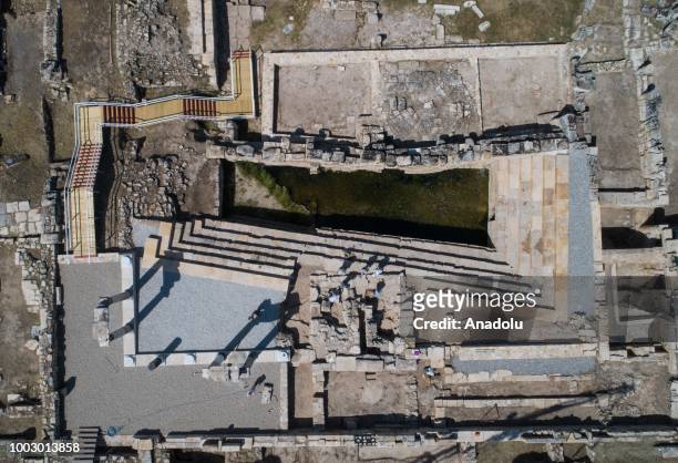 An aerial view of the Pluto's Gate, which was a ploutonion , in the ancient city of Hierapolis near Pamukkale in modern Turkey's Denizli Province on...
