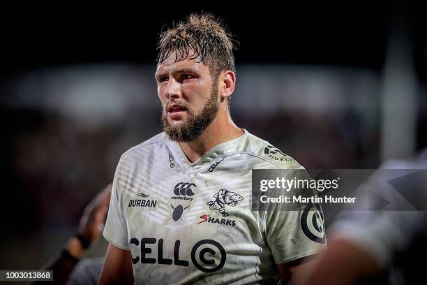 Ruan Botha captain of the Sharks talks to his players during the Super Rugby Qualifying Final match between the Crusaders and the Sharks at AMI...