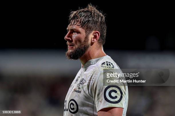 Ruan Botha captain of the Sharks talks to his players during the Super Rugby Qualifying Final match between the Crusaders and the Sharks at AMI...