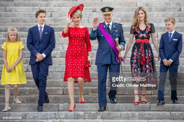 Princess Eleonore, Prince Gabriel, Queen Mathilde, King Philip of Belgium, Princess Elisabeth and Prince Emmanuel attend the Te Deum at the Saint...