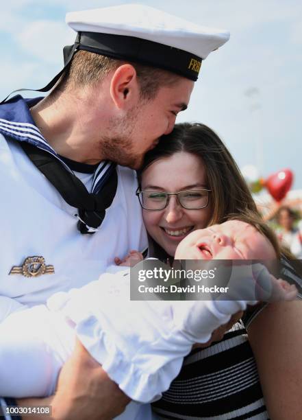 Seamen Evgenij Wagner kisses his wife Anastasia and holds his daughter Olesya on his arm aboard the Bundeswehr Navy frigate "Hessen" upon its return...