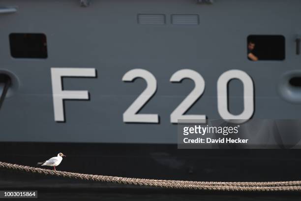 Seamen attends aboard the Bundeswehr Navy frigate "Hamburg" the return of the frigate "Hessen" on July 21, 2018 in Wilhelmshaven, Germany. The...