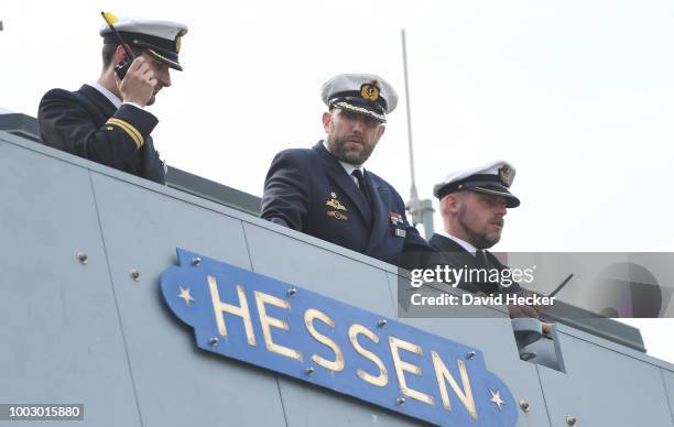 Frigate captain Oliver Pfennig aboard the Bundeswehr Navy frigate "Hessen" upon its return to port on July 21, 2018 in Wilhelmshaven, Germany. The...