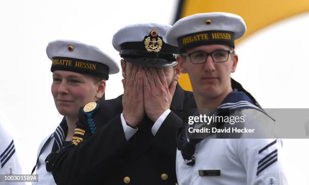 Navy soldiers aboard the Bundeswehr Navy frigate "Hessen" upon its return to port on July 21, 2018 in Wilhelmshaven, Germany. The "Hessen" is...