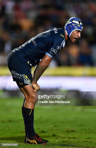 Johnathan Thurston of the Cowboys looks dejected during the round 19 NRL match between the North Queensland Cowboys and the St George Illawarra...