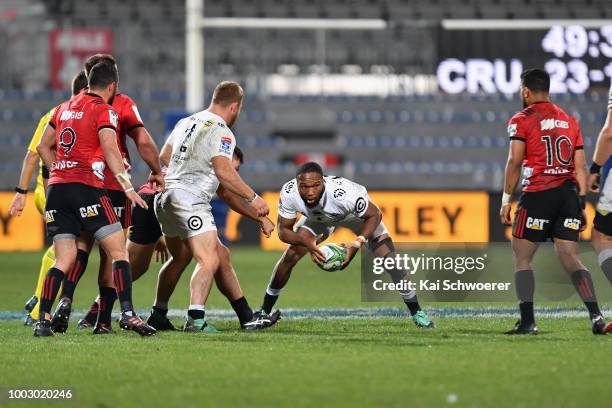 Lukhanyo Am of the Sharks charges forward during the Super Rugby Qualifying Final match between the Crusaders and the Sharks at AMI Stadium on July...