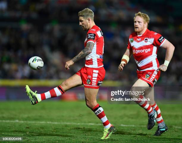 Gareth Widdop of the Dragons kicks the ball during the round 19 NRL match between the North Queensland Cowboys and the St George Illawarra Dragons at...