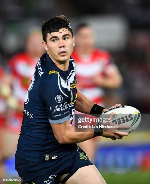 Jake Clifford of the Cowboys runs the ball during the round 19 NRL match between the North Queensland Cowboys and the St George Illawarra Dragons at...