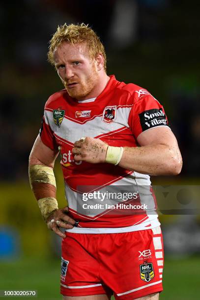 James Graham of the Dragons looks on during the round 19 NRL match between the North Queensland Cowboys and the St George Illawarra Dragons at...