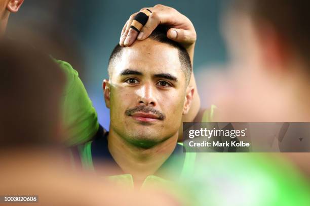 Aaron Smith of the Highlanders looks dejected after defeat during the Super Rugby Qualifying match between the Waratahs and the Highlanders at...