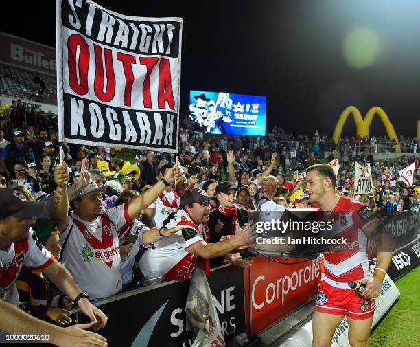 Euan Aitken of the Dragons acknowledges the crowd after winning the round 19 NRL match between the North Queensland Cowboys and the St George...