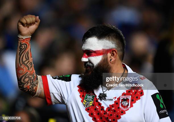 St George fan shows his support during the round 19 NRL match between the North Queensland Cowboys and the St George Illawarra Dragons at 1300SMILES...