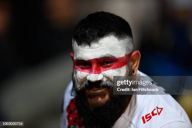 St George fan shows his support during the round 19 NRL match between the North Queensland Cowboys and the St George Illawarra Dragons at 1300SMILES...
