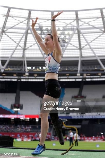 Stef Reid of Great Britain celebrates victory following the Women's Long Jump T44/47/64 during Day One of the Muller Anniversary Games at London...