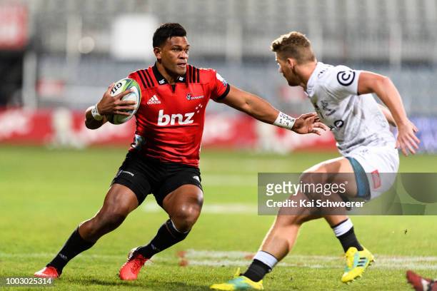Seta Tamanivalu of the Crusaders charges forward during the Super Rugby Qualifying Final match between the Crusaders and the Sharks at AMI Stadium on...