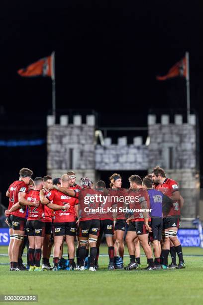 Captain Samuel Whitelock of the Crusaders speaks to his team mates during the Super Rugby Qualifying Final match between the Crusaders and the Sharks...