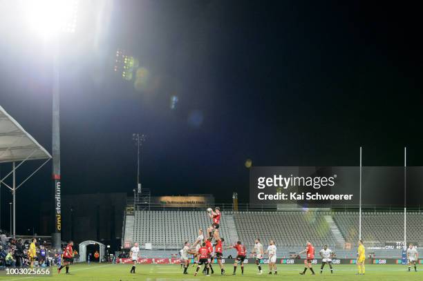 General view of AMI Stadium as Scott Barrett of the Crusaders wins a lineout during the Super Rugby Qualifying Final match between the Crusaders and...