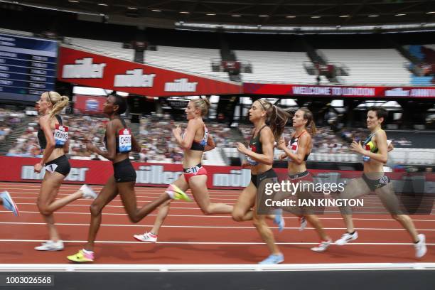 Athletes compete in the Women's 3000m event during the IAAF Diamond League Anniversary Games athletics meeting at the London stadium in London on...