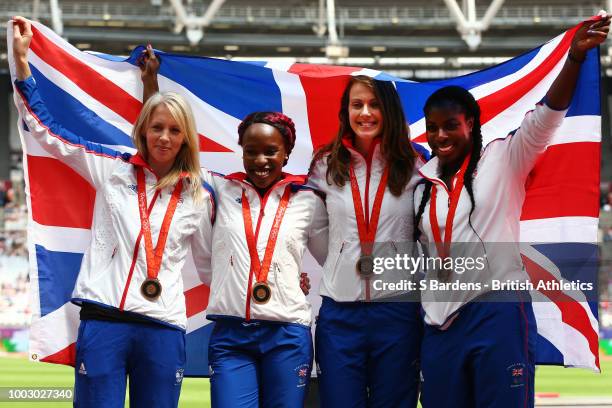 The Great Britain Women's 4x400m relay team celebrate receiving their reallocated bronze medals, from the 2008 Beijing Olympic Games during Day One...