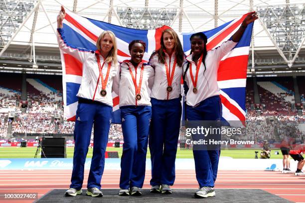 The Great Britain Women's 4x400m relay team celebrate receiving their reallocated bronze medals, from the 2008 Beijing Olympic Games during Day One...