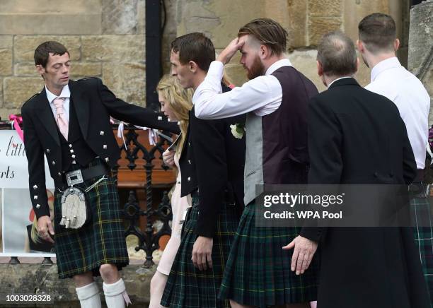 Mother Georgina Lochrane and uncle Calum MacPhail the funeral of six-year-old Alesha MacPhail at the Coats Funeral Home on July 21, 2018 in...