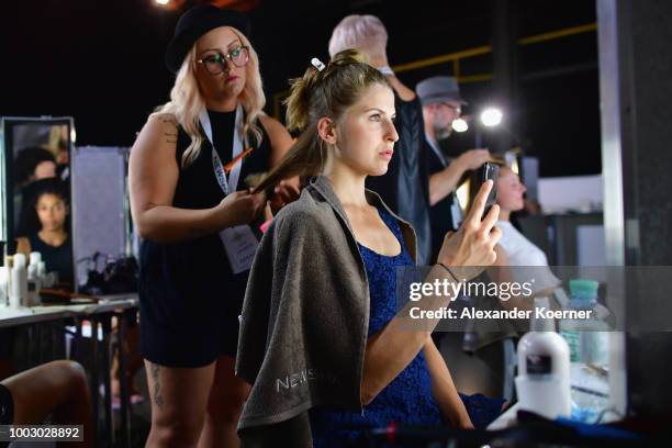 Model is seen backstage ahead the Fashionyard show during Platform Fashion July 2018 at Areal Boehler on July 21, 2018 in Duesseldorf, Germany.