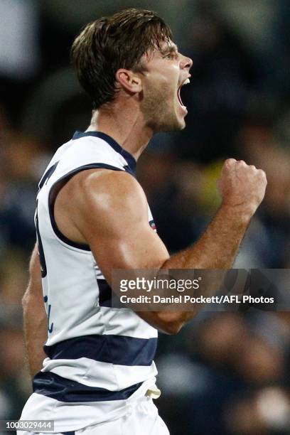 Tom Hawkins of the Cats celebrates a goal during the round 18 AFL match between the Geelong Cats and the Melbourne Demons at GMHBA Stadium on July...