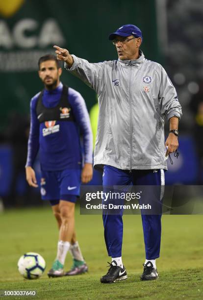 Maurizio Sarri of Chelsea gestures during an open training session at the Waca on July 21, 2018 in Perth, Australia.