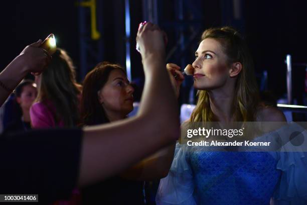Model is seen backstage ahead the Fashionyard show during Platform Fashion July 2018 at Areal Boehler on July 21, 2018 in Duesseldorf, Germany.