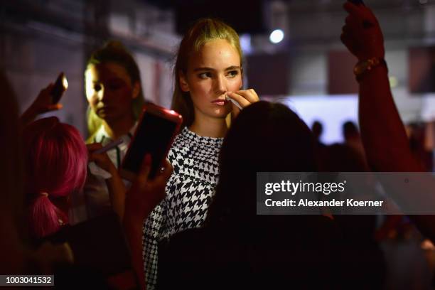 Model is seen backstage ahead the Fashionyard show during Platform Fashion July 2018 at Areal Boehler on July 21, 2018 in Duesseldorf, Germany.